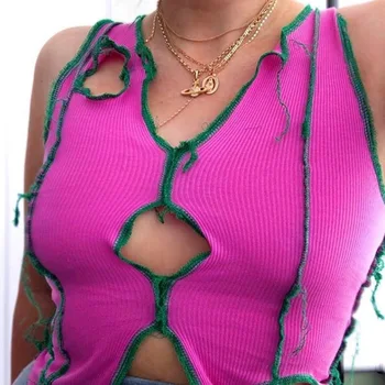 Moda De Verano Hueco De Patchwork Tank Tops Para Las Mujeres Slim Trajes Sexy Fiesta Rave Clubwear Vendaje De La Cruz Crop Tops