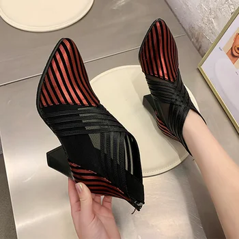 Moda de verano malla sólida tacones punta del dedo del pie de la cruz líneas de decoración de tobillo botas de señora de gracia de las mujeres ventilar botas rojo/negro
