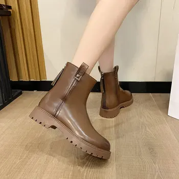 Moda Del Dedo Del Pie Redondo Martin Botas De Color Sólido Mantener Caliente Botas De Tobillo De Cuero De Patente Caballero Botas Zapatillas Mujer 2020 Otoño
