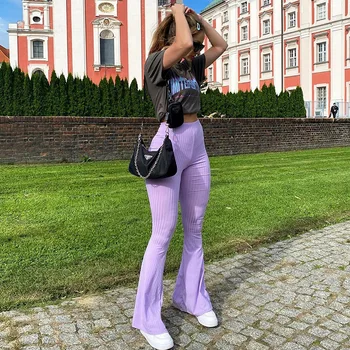 Moda sexy 2020 caliente tejido púrpura de las Mujeres Pantalones de Calle Pantalones de Cintura Alta Streetwear Pantalón Casual Femme Otoño