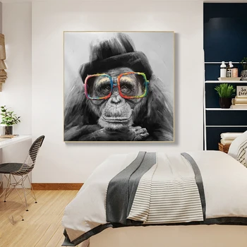 Mono con Gafas de bastones de Arte de la Lona Carteles Y Grabados en Blanco Y Negro de Animales Lienzo Pinturas En la Pared de Arte Mono Imagen