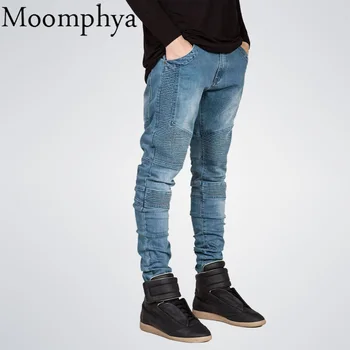 Moomphya Mens pantalones vaqueros Flacos, hombres de la Pista Angustiado slim elástico de los pantalones vaqueros de mezclilla jeans Biker de hip hop pantalones Lavados Plisado jeans azul