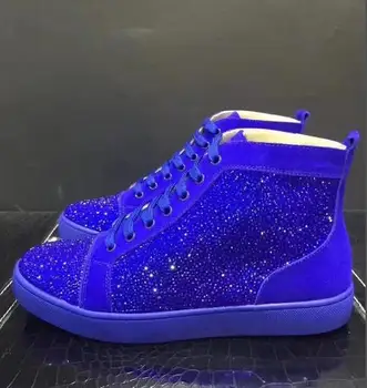 Moraima Snc más reciente de Cristal Azul Adornado de los Hombres Casual Zapatos de cuero de Alta Calidad de Encaje de alta Superior del Dedo del pie Redondo Zapatillas de deporte Zapatos Planos