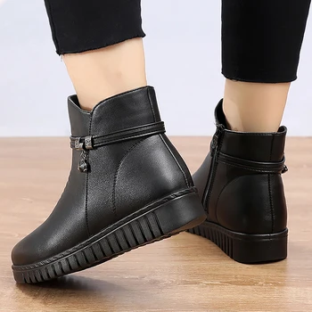 Mujer botas de Tobillo de 2020 Cálida Felpa de Cuña Botas para mujer Casual zapatos antideslizante Impermeable Botas de Cuero de las mujeres de la Cremallera de Mujer botas