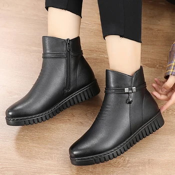 Mujer botas de Tobillo de 2020 Cálida Felpa de Cuña Botas para mujer Casual zapatos antideslizante Impermeable Botas de Cuero de las mujeres de la Cremallera de Mujer botas