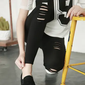 Mujer Flaca Legging con Agujeros Casual de Algodón de Cintura Alta del Lápiz Pantalones Capris Mujeres de Negro Arrancó Legings Mujeres Leggins Mujer