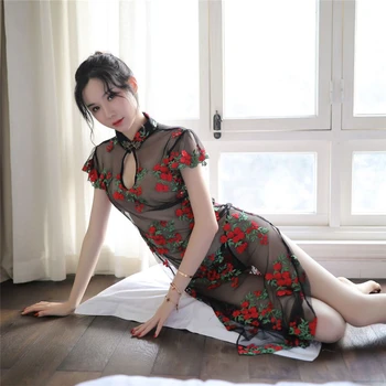 Mujer Sexy Lencería De Estilo Chino Cheongsam Vestido Bordado HollowOut Split Falda Vendaje Qipao Chica Pijamas Camisón Vintage