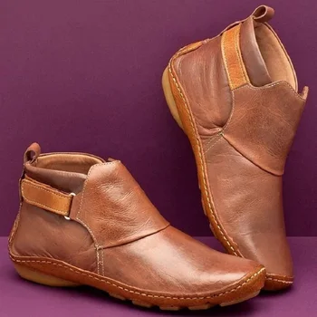 Mujeres Retro Botas Planas Botas de Tobillo de Mujer Suave parte Inferior Antideslizante Gancho Zapatos Sólidos Cómodas las Botas de las Mujeres Gancho Bucle de Mujer Calzado