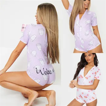 Mujeres ropa de Dormir Monos estampado Floral Cuello en V Manga Corta pantalones Cortos Mono Mono Pijama Playsuits para las Niñas de las Mujeres