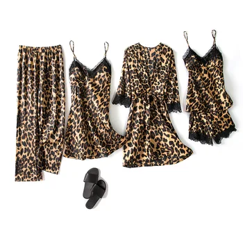 Mujeres Sexy ropa de dormir de Leopardo 5PCS Traje Traje ropa de Dormir Camisón de Seda Camisón Suelto Albornoz Kimono Vestido de Encaje de la Ropa de Hogar