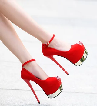 Mujeres Super Tacones Altos Zapatos Sexy Delgada Plataforma de Boca de Pez Partido Bombas de la Mujer de Rojo de la parte Inferior de la Boda Zapatos de Hebilla de 16cm Zapatos de Vestir