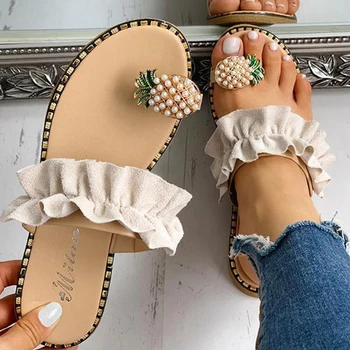 Mujeres Zapatillas De Piña Perla De Cabeza Plana Bohemio, Casual Zapatos Sandalias De Playa De Las Señoras Zapatos De Plataforma Sandalias De Mujer De Verano De 2020