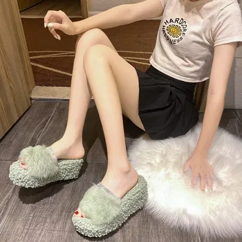 Mullidas Zapatillas Mujer Winetr Cuñas de las Señoras Zapatos de Plataforma al aire libre de la Mujer de Piel de Felpa Cálida Dedo del pie Abierto de Moda Mujer antideslizante 2021