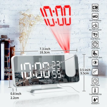 Multifunción Reloj de Alarma LED de Proyección Digital Reloj Con Alarma de Temperatura Humedad Espejo de Proyección Calendario Reloj de Radio FM