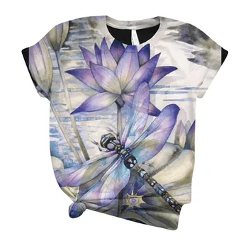Más el Tamaño de la Camiseta de las Mujeres de Manga Corta 3D Lotus Y Ragonfly Impreso O-Cuello Tops Camiseta T-Shirt Blausa футболки женские футболки