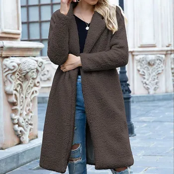 Más el tamaño de larga chaqueta de las mujeres de la capa de 2020 nueva moda de color sólido abrigo de lana prendas casual suave y cálida chaqueta de piel de las mujeres abrigo 47491