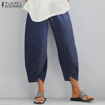 Más el Tamaño de las Mujeres del Dril de algodón Pantalones de color Azul ZANZEA 2021 Elegante Primavera arem Pantalones de Cintura Elástica Pantalon Mujer Casual Sólido Nabo