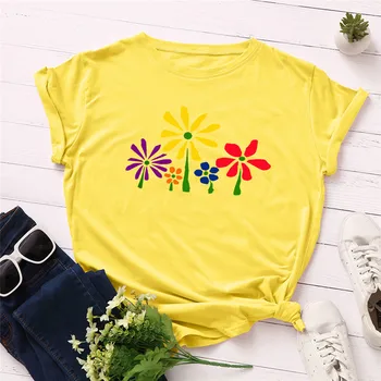 Más el Tamaño de S-5XL Nueva Impresión de la Flor de Algodón de las Mujeres T-Shirt O de Cuello de Manga Corta de Verano Tops Camiseta Mujer Camiseta Mujer Camisetas