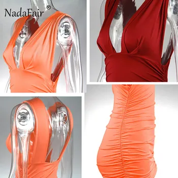 Nadafair Club De Fiesta Sexy Bodycon Vestido De Mujer Envuelto En V Profundo Cuello Sin Respaldo Vendaje Con Pliegues De La Envoltura Mini Vestido De Verano De Vestidos