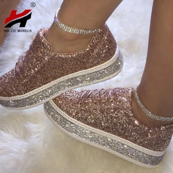 NAN DCI de MONTAÑA con Lentejuelas de diamantes de Imitación Zapatos de Lona de las Correas de la Plataforma de Zapatillas de deporte Planos del talón de los Zapatos de Mujer 3 Color Plus Tamaño 34-43