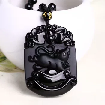 Natural Negro Obsidiana Colgante Tallado Ratón Zodiaco Chino Patrona De Buda Colgantes De La Suerte Amuleto Collar De Colgantes De La Joyería