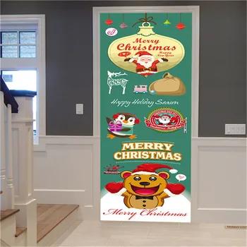 Navidad Árbol de la Puerta del PVC Pegatinas de Pelar y pegar papel Tapiz de las Puertas 3D Impermeable de Diseño para el Hogar Decoración de Santa Claus Mural de Calcas Para la Habitación de los Niños