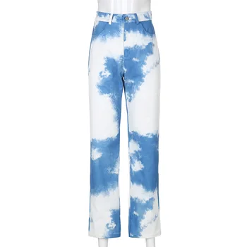 NCLAGEN 2021 de la Moda de Cielo Azul con Nubes de Impresión de Ropa Casual Pantalones de Cintura Alta Pantalones de Mezclilla de las Mujeres Suelta Harajuku Recta Pantalones