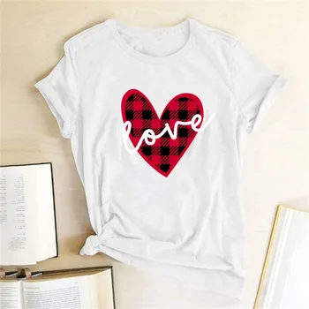 Negro y Rojo a Cuadros Corazón el Amor Imprimir las Mujeres T-shirt Lindo Día de san Valentín de Regalo de Camiseta para la Novia Mujer Camiseta la parte Superior de la Ropa