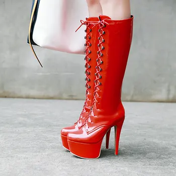 NEMAONE 14cm super zapatos de tacón alto rodilla botas altas de mujer rouned toe de plataforma negro blanco rojo de encaje hasta las señoras botas de fiesta zapatos de mujer
