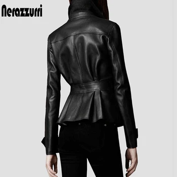Nerazzurri Negro de cuero gabardina para mujer con muchos bolsillos de pecho solo los botones de manga larga tamaño Más delgado suave de la moda