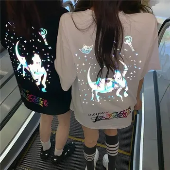 NiceMix T-shirt de las mujeres de verano de 2020 de colores reflectantes Sailor Moon camiseta holgada de las mujeres jóvenes del estudiante en blanco y negro camiseta de marea