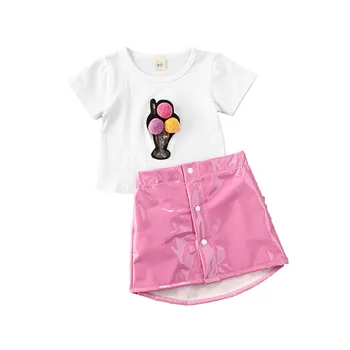 Niño de las Niñas de Bebé juego de Ropa de Verano de 2020 Niño Hairball de Impresión Tops T-shirt Pink PU de Cuero, Faldas, Traje de Ropa 2PCs 1-5Y