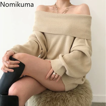 Nomikuma coreana Otoño Invierno de las Mujeres Suéter de Punto Sexy Pliegue Diagonal en el Cuello de Jersey de Prendas de punto de Manga Larga Causal de Extracción Femme 6D127
