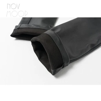 Novmoop de alta calidad importados de estirado de cuero genuino de las mujeres pensil pantalones Pantalon en cuir tramo femme LT3250
