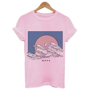 Nueva 2019 Y Así Es como, de las olas del mar Estética de la Camiseta de las Mujeres Tumblr 90 coreano Camiseta de Moda Lindo Verano Tops Casual de la Camiseta Femme