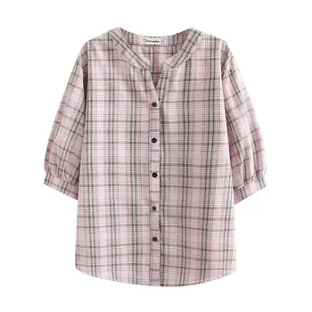 Nueva 2021 verano más el tamaño de tops para las mujeres grandes blusa de manga corta casual de algodón suelta camisa a cuadros de color rosa azul 3XL 4XL 5XL 6XL