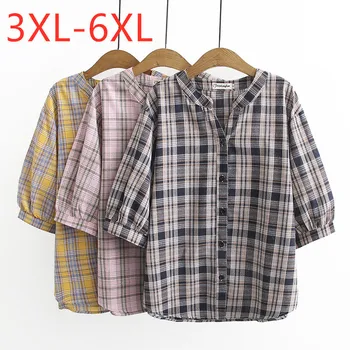 Nueva 2021 verano más el tamaño de tops para las mujeres grandes blusa de manga corta casual de algodón suelta camisa a cuadros de color rosa azul 3XL 4XL 5XL 6XL