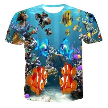 Nueva impresión en 3D de camiseta de los hombres peces del océano de leche de seda de manga corta de niño niña jersey de cuello redondo de manga corta