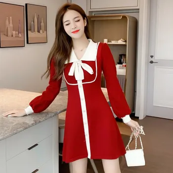 Nueva Llegada de la Pista de la Ropa de las Mujeres Suéter coreano Dulce de un Solo Pecho de la Linterna de la Manga de la pajarita tejido Jersey Vestido de Vestidos