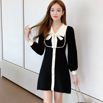 Nueva Llegada de la Pista de la Ropa de las Mujeres Suéter coreano Dulce de un Solo Pecho de la Linterna de la Manga de la pajarita tejido Jersey Vestido de Vestidos