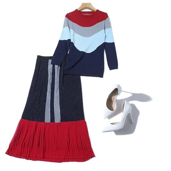 Nueva llegada de otoño invierno 2pcs Conjunto de traje de las Mujeres Elegantes del vintage Impreso tejido de punto Faldas Sirena + Manga larga casual Knitt suéter