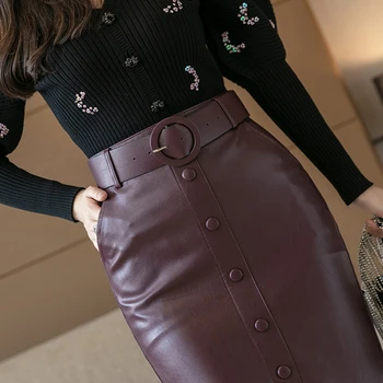 Nueva Ropa de Bodycon Lápiz Faldas de las Mujeres de la Moda de 2020 Estilo coreano de Alta Cintura de Cuero de la PU de la Falda Con Cinturón de Hendidura Falda Falda Midi