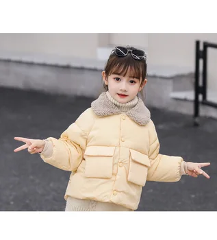 Nueva versión coreana de invierno ropa de los niños de los niños del algodón de la solapa de engrosamiento de algodón de las niñas de color sólido bebé jacke 37489
