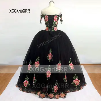 Nuevo Estilo Negro Vestidos De Quinceañera 2021 V Cuello De Los Hombros Fuera De Bordado Apliques De Flores De Larga Dulce 15 16 Vestido De Fiesta De Cumpleaños 18370