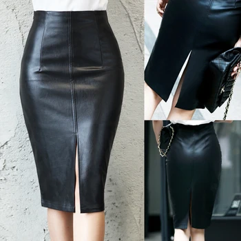 Nuevo Invierno OL Elegante Lápiz Midi Faldas de Cintura Alta Elástico Negro de Cuero de la PU de División de la Vaina de la Envoltura de Faldas de Mujer Sexy Falda de 2019
