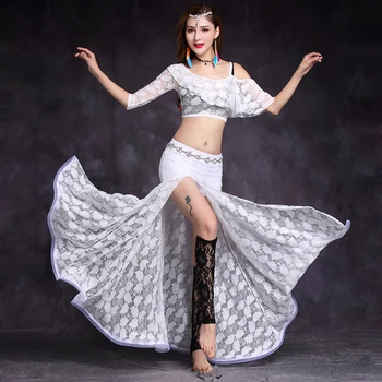 Nuevo las Mujeres de la Moda de Baile Vestidos de Encaje de flores de la Clase de Desgaste Off-hombro del Lado de la Rendija de la Danza del Vientre Traje Conjunto de Top y Falda