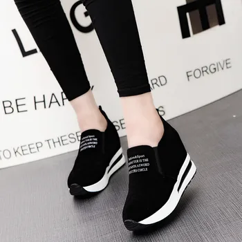 Nuevo Rebaño Aumento de Zapatos de Tacones Altos Dama Casual negro de la Mujer Zapatillas de deporte de Ocio Zapatos de Plataforma Slip-On Transpirable Altura de las Zapatillas de deporte