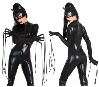 Nuevo Sexy Traje De Gato Vestido De Fantasía Brillante Super Héroe Negro De Cuero De Animal Catwoman De Disfraces Disfraces De Halloween Para Mujeres En 3 Sets