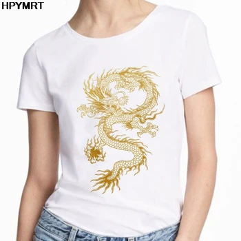 Nuevo Verano del Dragón Amarillo Patrón Femenino T-shirt O-cuello de la Camiseta de la Impresión Casual de la Camiseta de manga Corta de las Mujeres Harajuku parte Superior de la Ropa