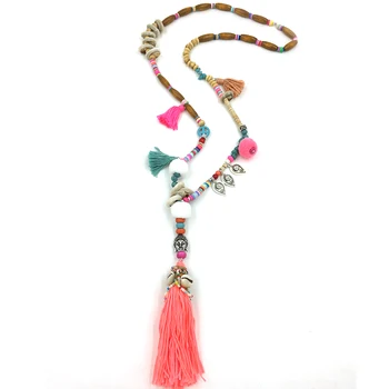 Nuevos accesorios de Ropa Bohemia étnica de cuentas de las cadenas de la borla Collar coloridos Pompones flequillo largo Buda Collar de Colgantes